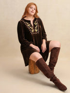 Plus Size Embroidered Notched Balloon Sleeve Mini Dress