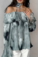 Printed Ruffled Off-Shoulder Blouse with Flower Neck Tie