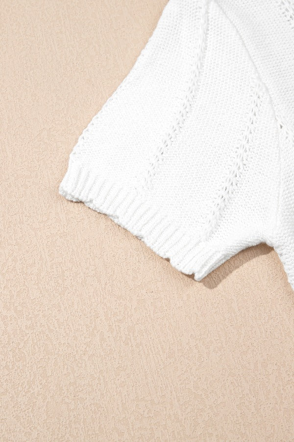 Openwork Round Neck Short Sleeve Knit Top - felvior