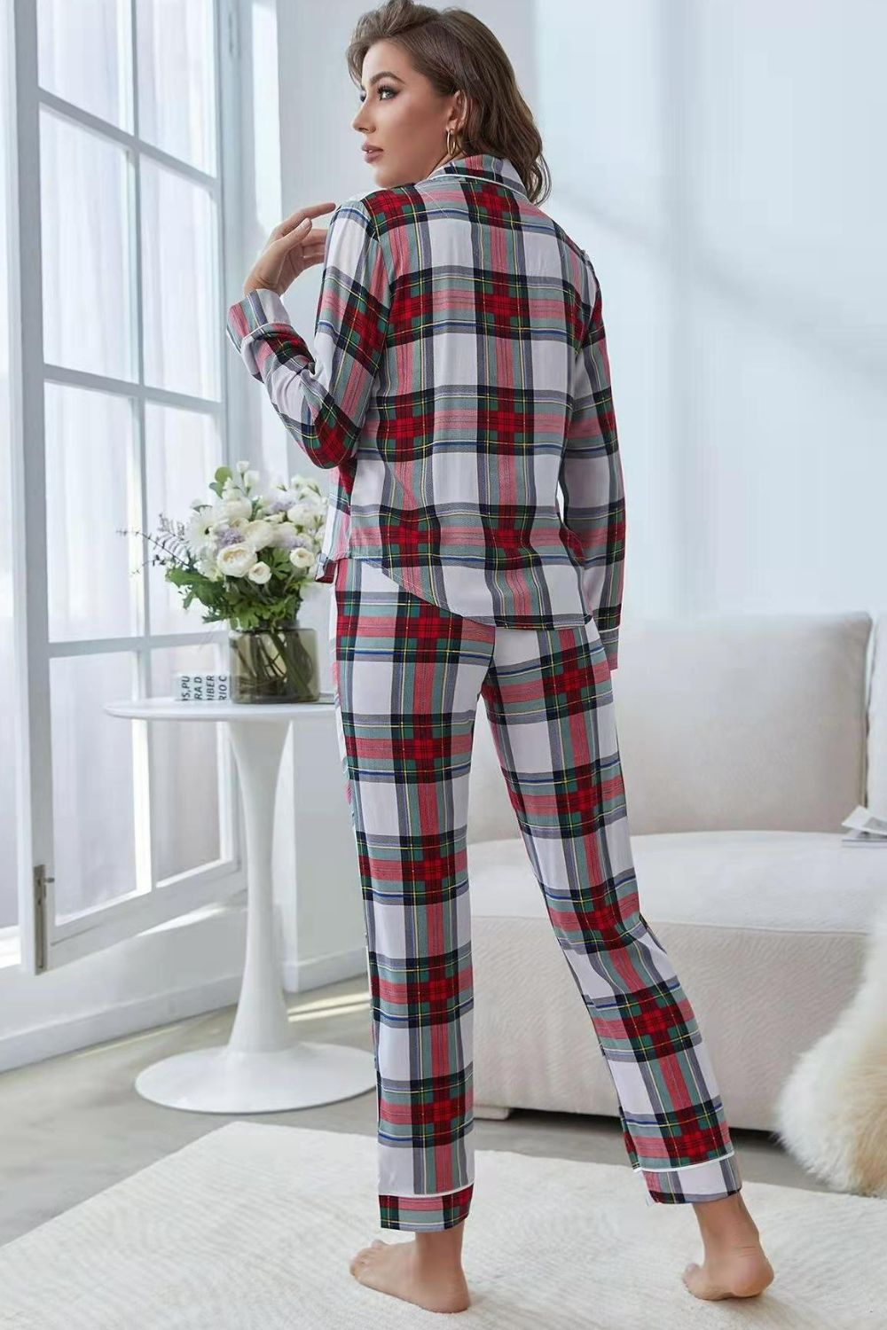Plaid Button Front Top and Pants Lounge Set - felvior