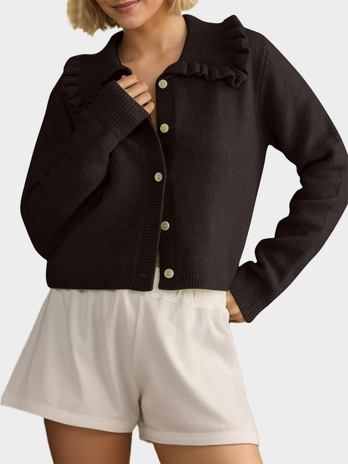 Frill Button Up Collared Neck Long Sleeve Cardigan - felvior