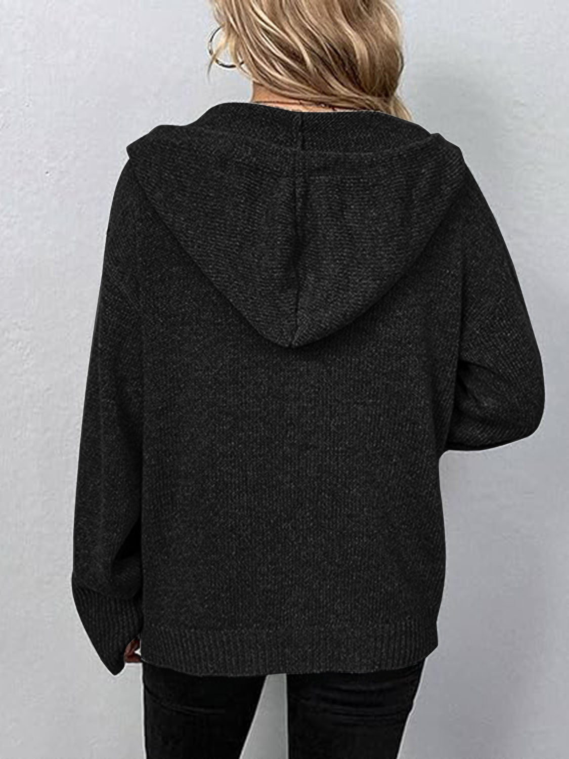 Button Up Drawstring Long Sleeve Hooded Cardigan - felvior