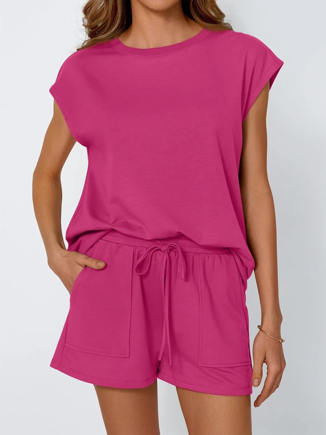 Round Neck Cap Sleeve Top and Shorts Set - felvior