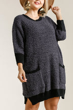 Umgee Full Size Ribbed Hem Round Neck 3/4 Sleeve Sweater Dress with Pockets Plus Size