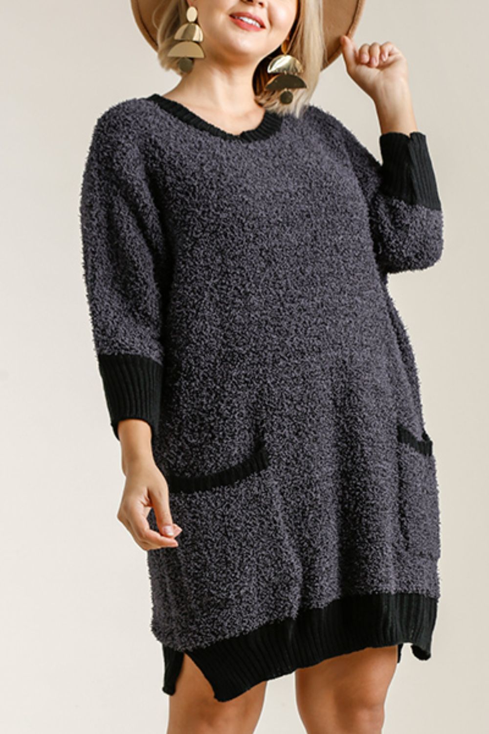 Umgee Full Size Ribbed Hem Round Neck 3/4 Sleeve Sweater Dress with Pockets Plus Size