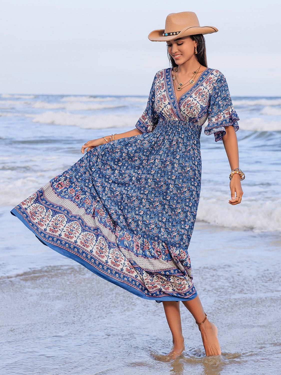 Ruched Printed Flounce Sleeve Midi Dress - felvior