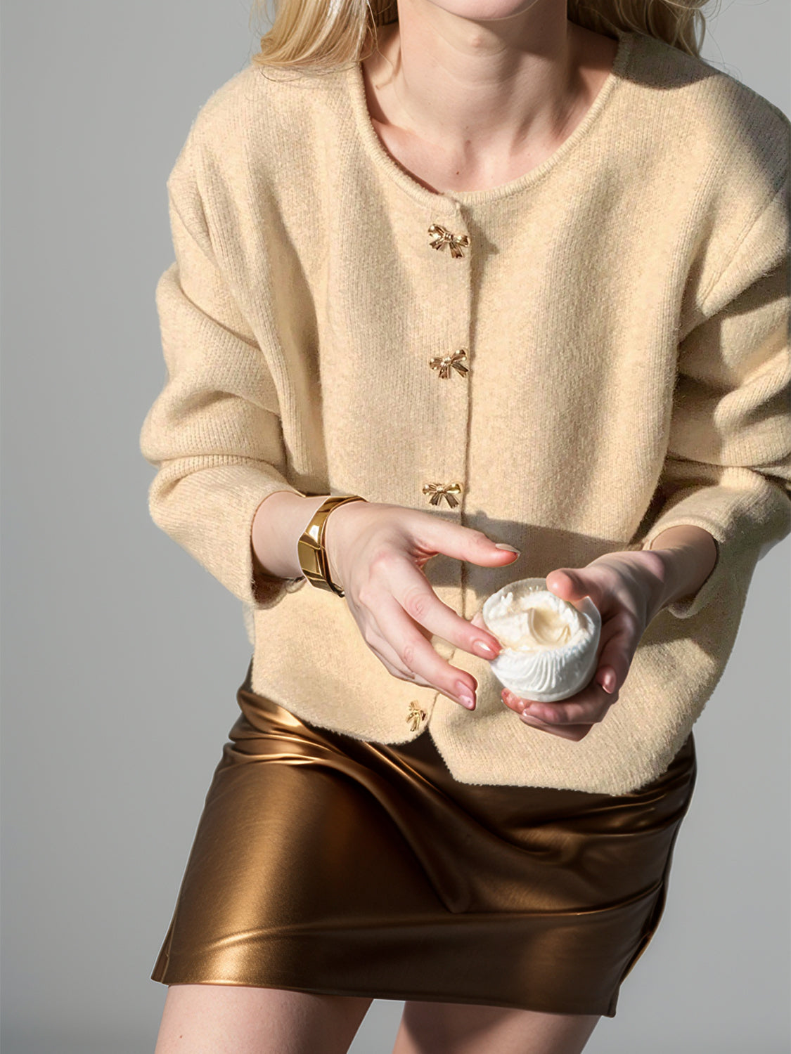 Bow Button Down Round Neck Long Sleeve Cardigan - felvior