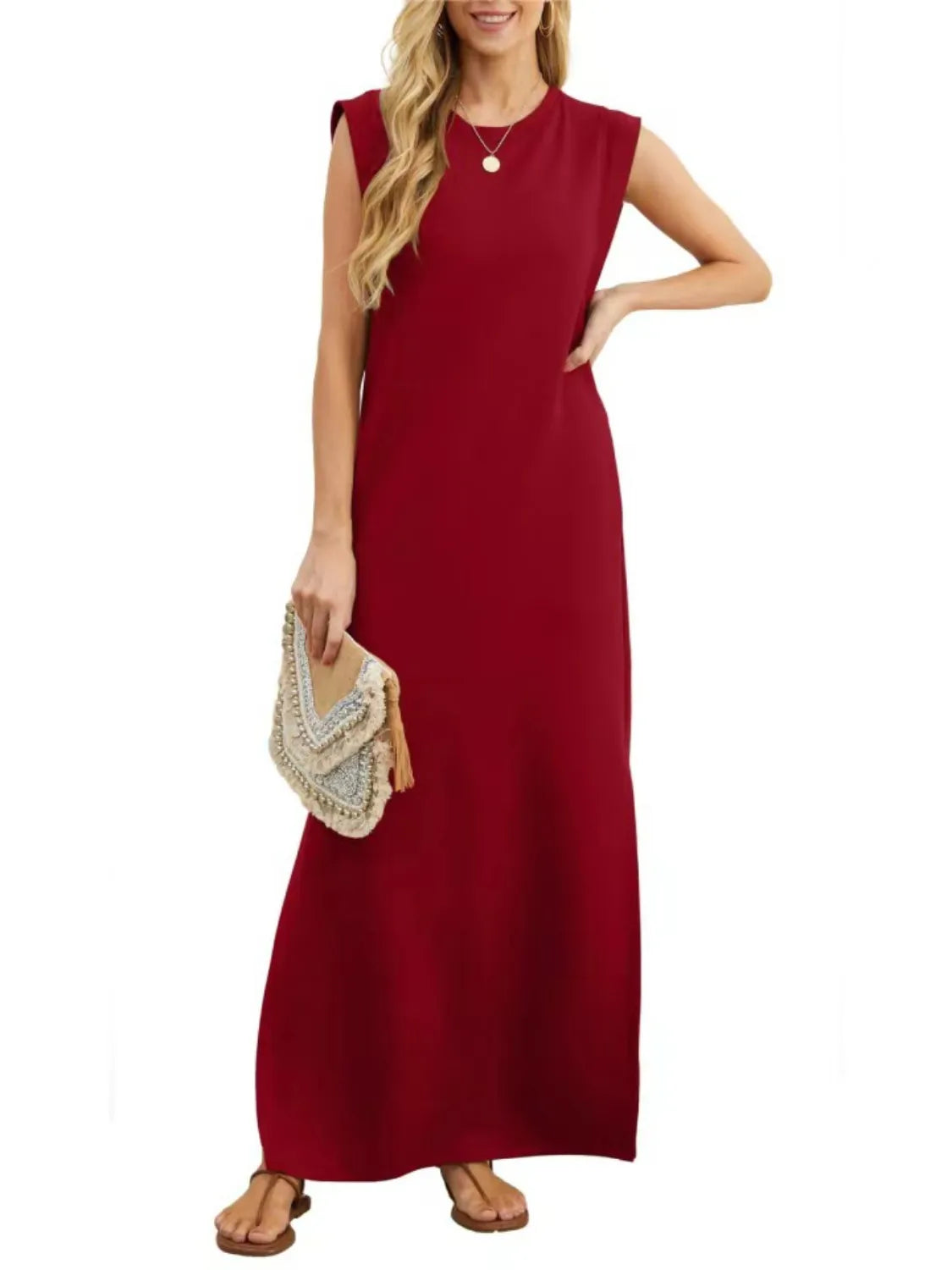 Full Size Slit Round Neck Sleeveless Maxi Tank Dress Plus Size