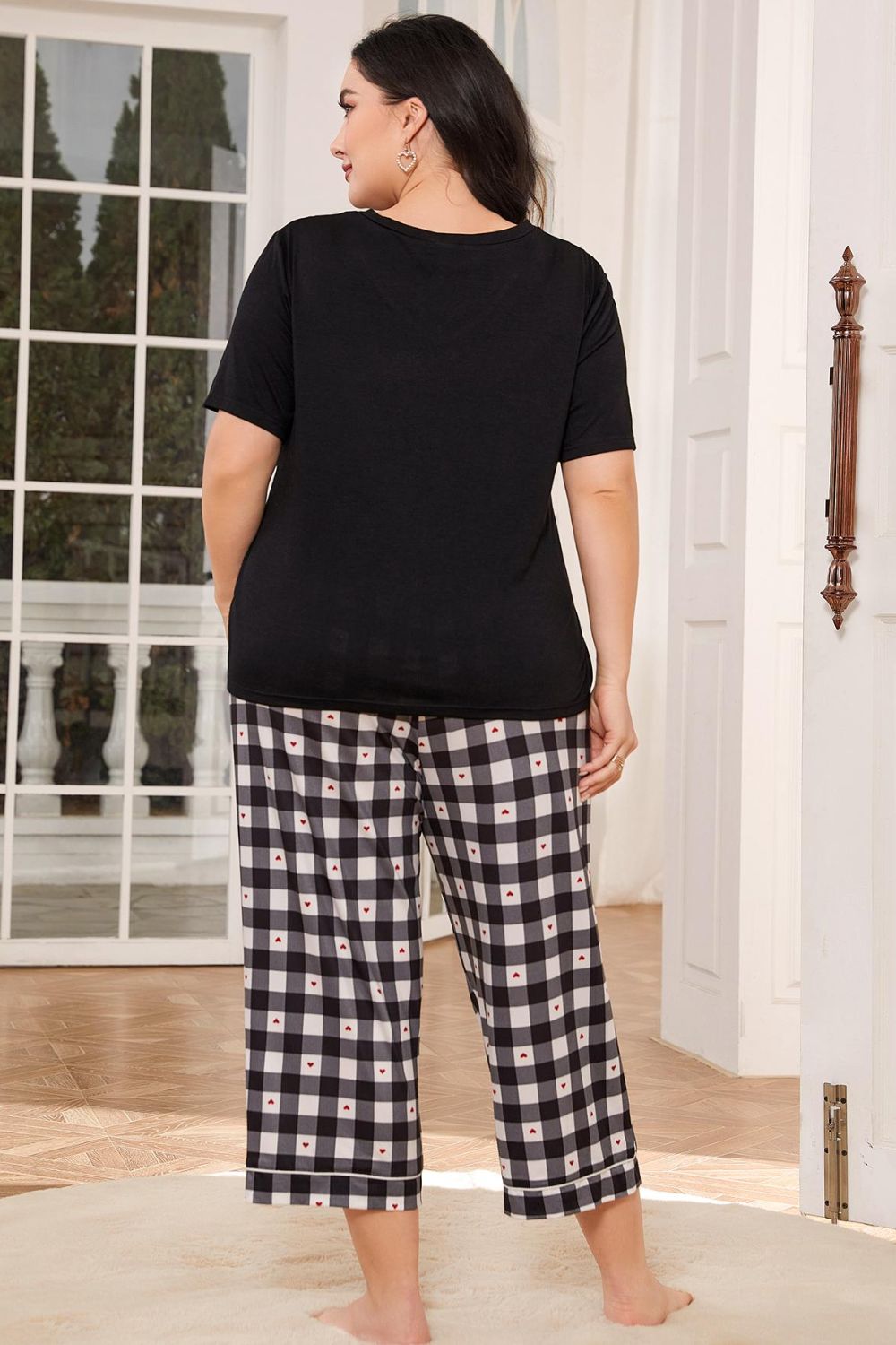 V-Neck Tee and Plaid Cropped Pants Lounge Set - felvior