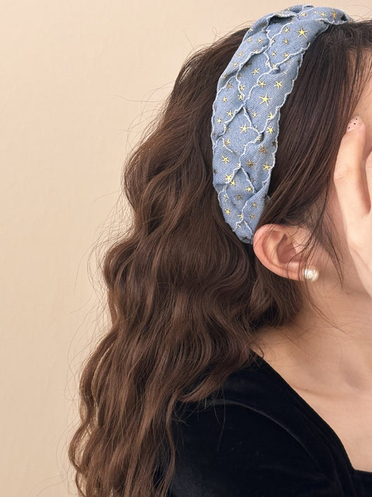 Star Braided Wide Denim Headband - felvior