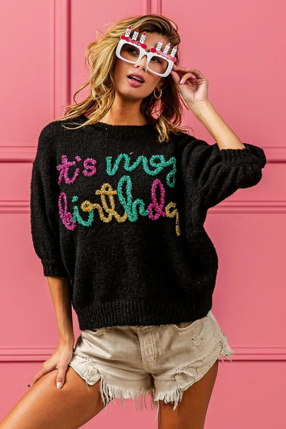 BiBi Metallic Letter Puff Sleeve Hairy Sweater Hauptbild