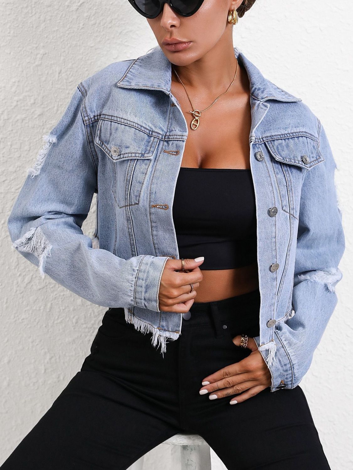 Distressed Raw Hem Button Up Denim Jacket