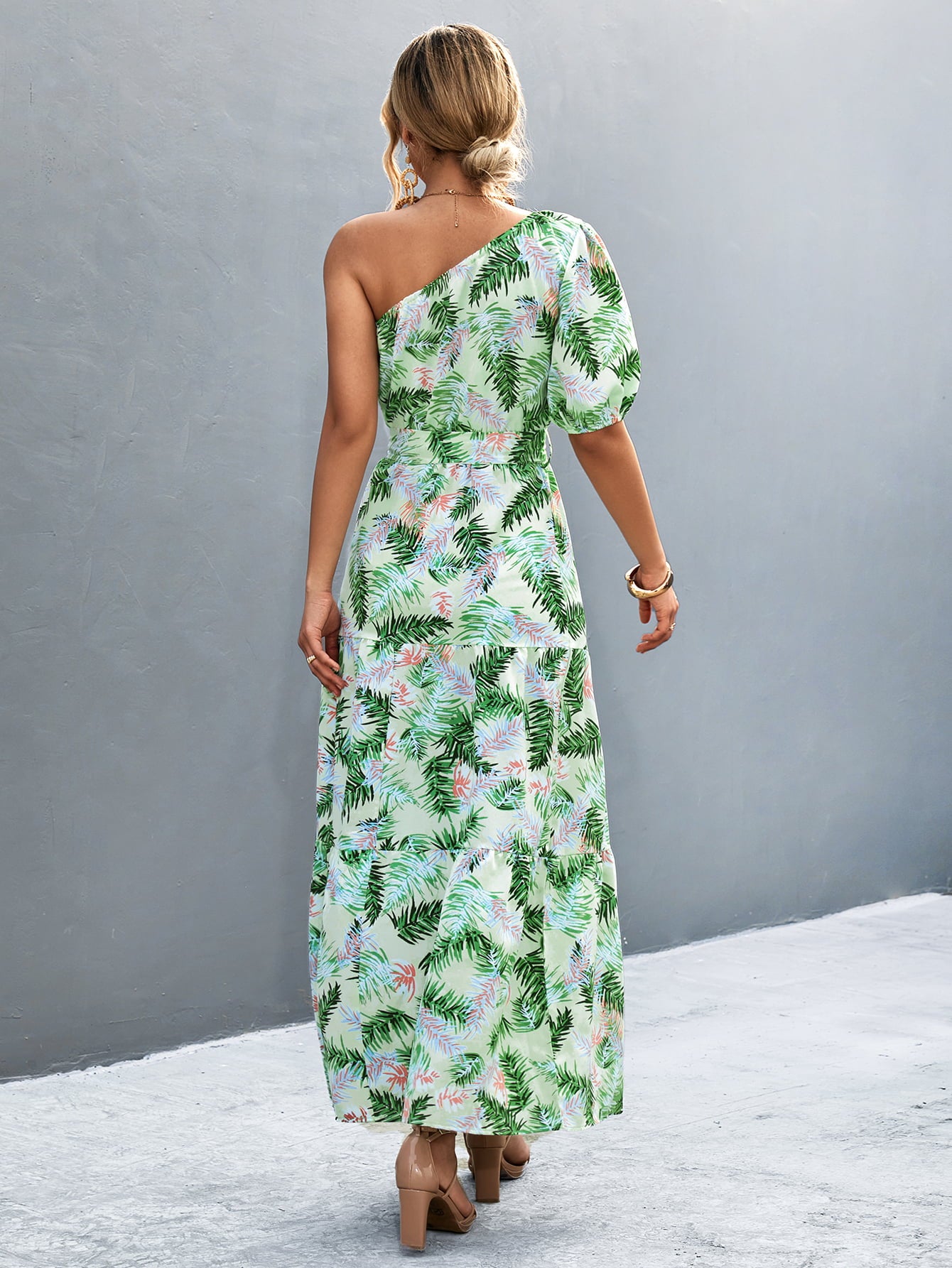 Printed Tie Waist One Shoulder Maxi Dress - felvior