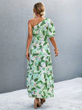 Printed Tie Waist One Shoulder Maxi Dress - felvior