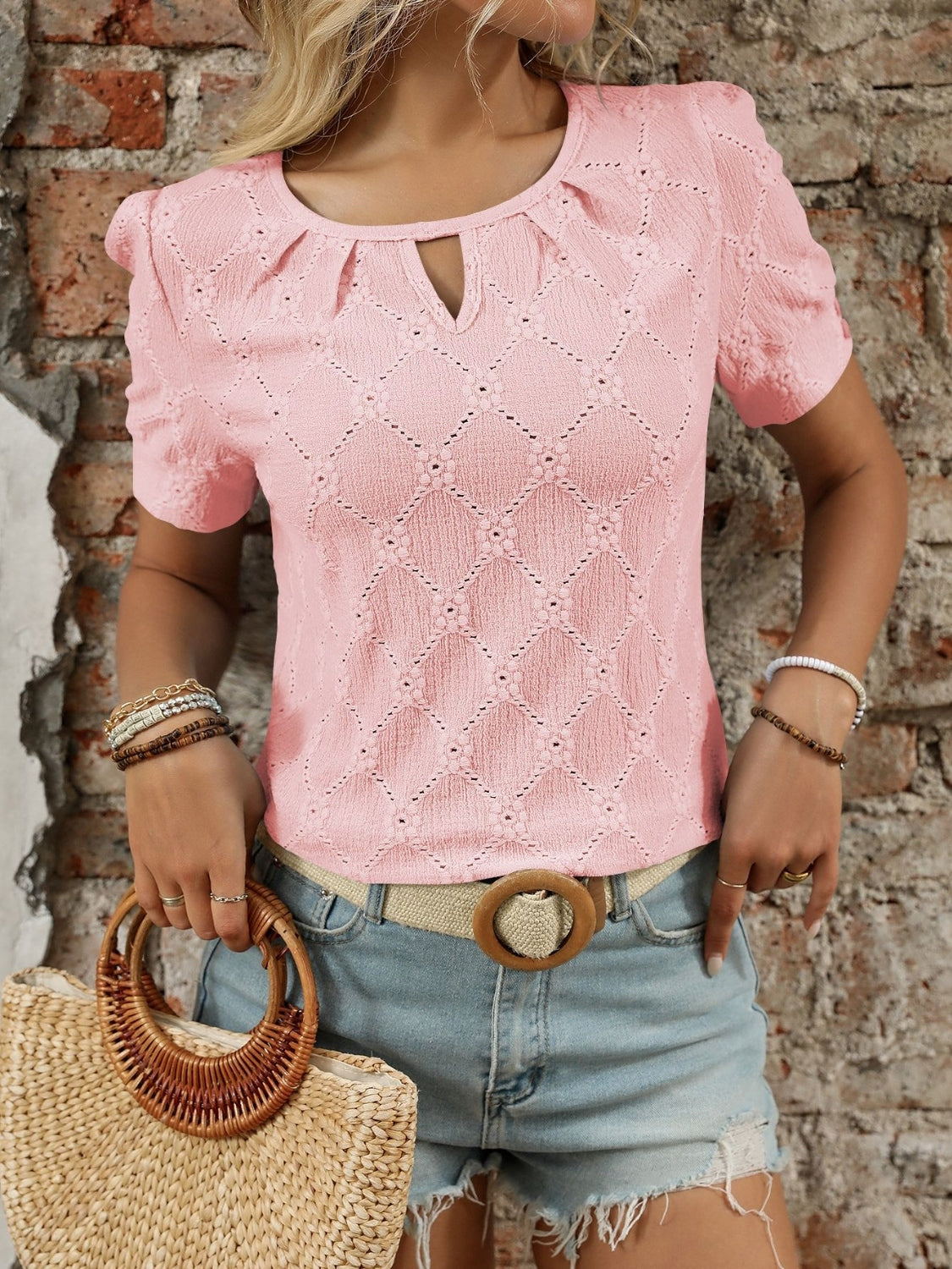 Eyelet Round Neck Short Sleeve Top
