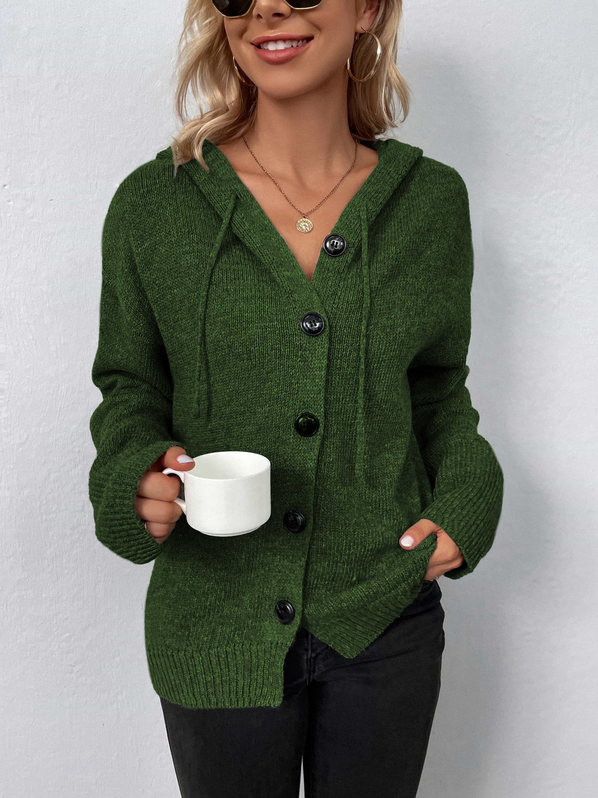 Button-Down Long Sleeve Hooded Sweater - felvior