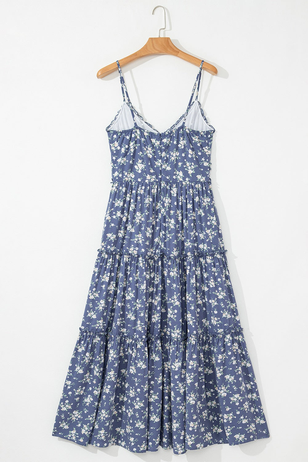 Floral Spaghetti Strap Frilled V Neck Tiered Midi Dress - felvior