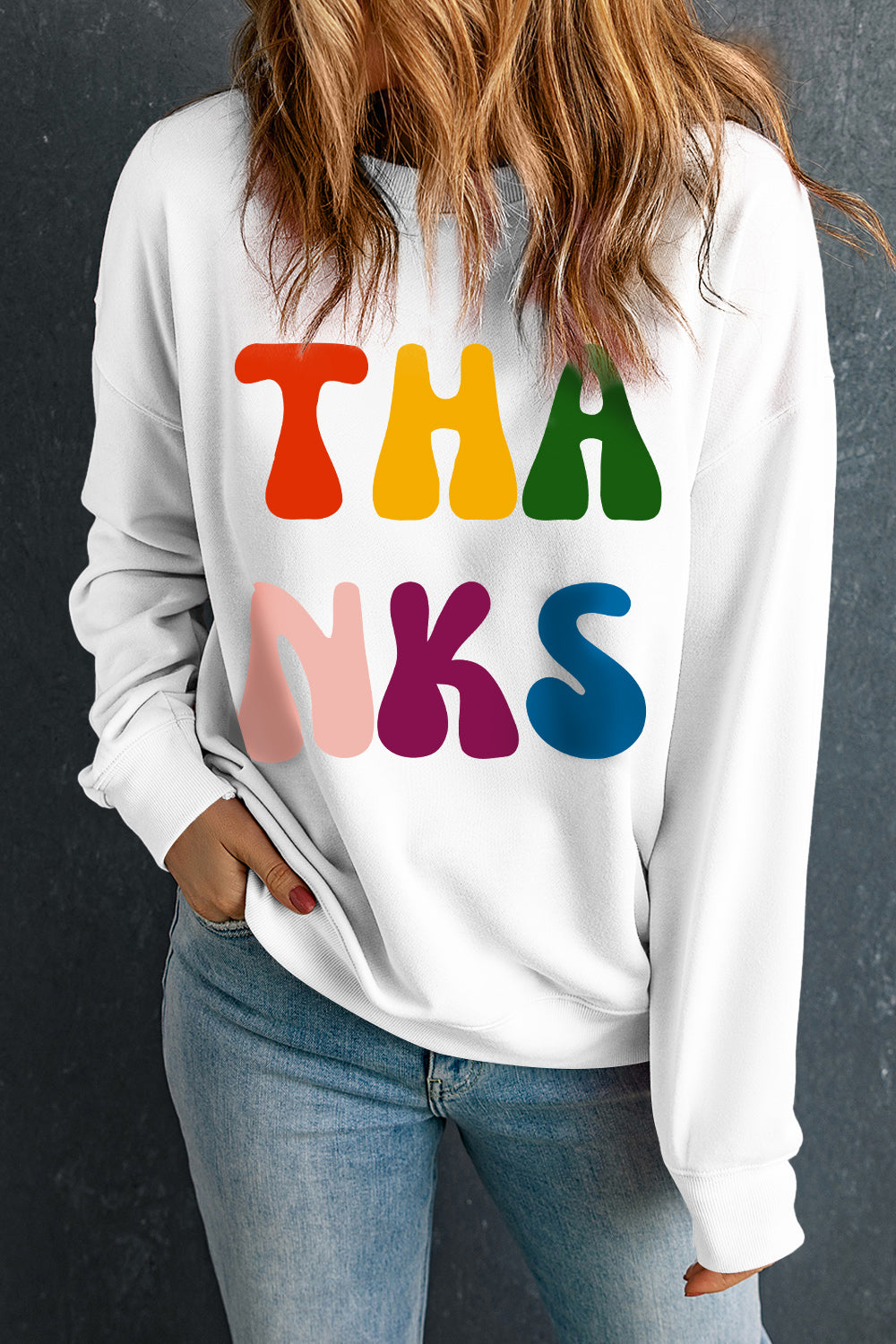 THANKS Round Neck Long Sleeve Sweatshirt - felvior