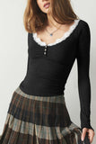 Lace Detail Scoop Neck Long Sleeve Top - felvior
