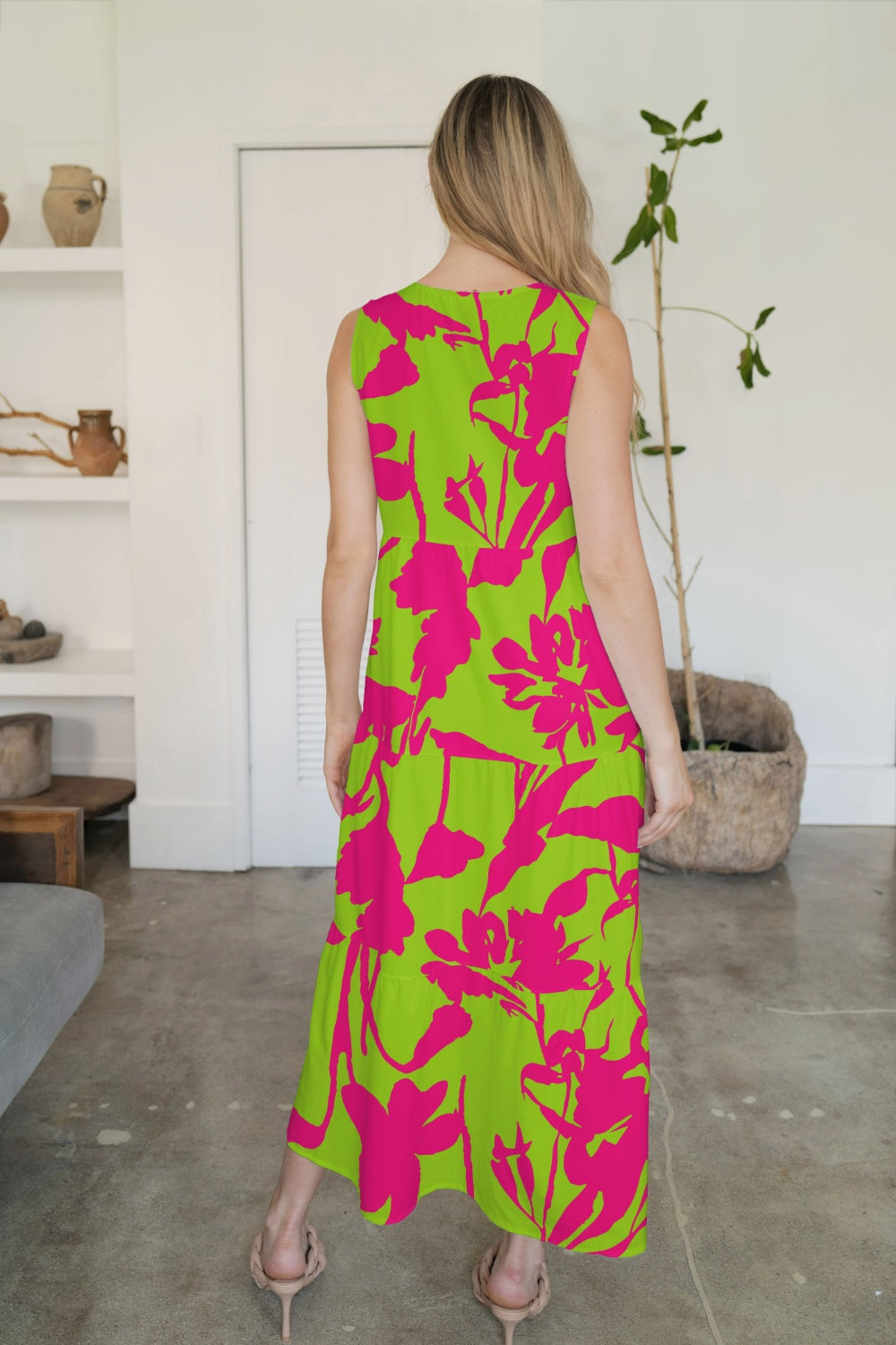 FAM-FAM Tiered Printed V-Neck Sleeveless Dress - felvior