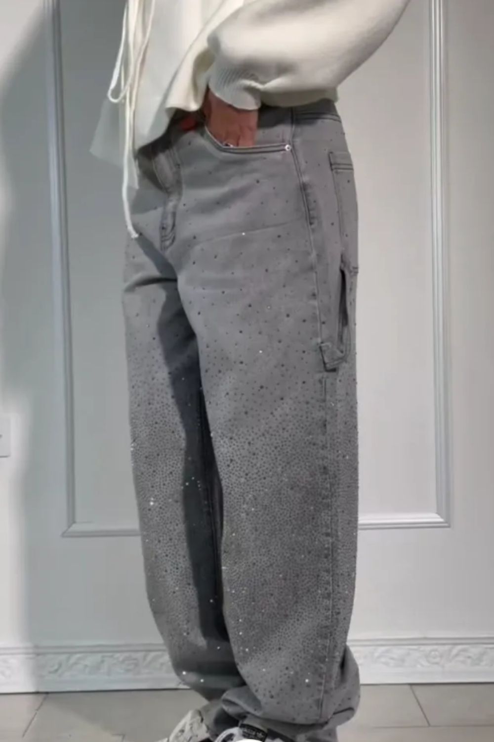 Full Size Washed Rhinestone Detail Wide leg Jeans Plus Size