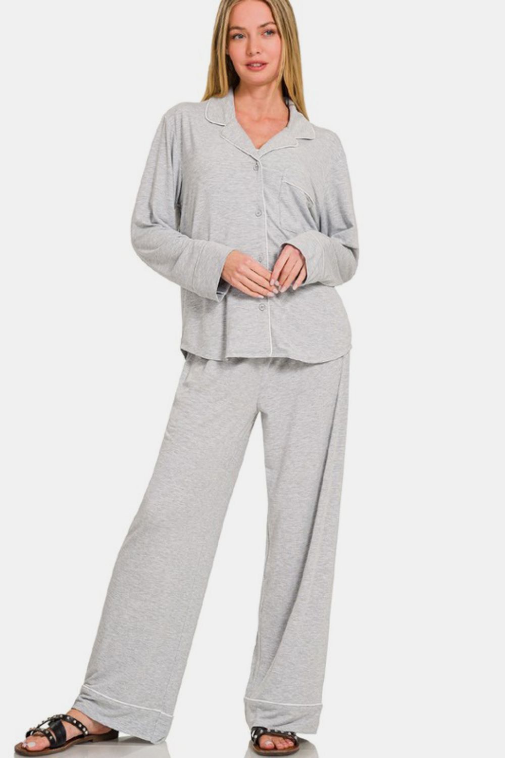 Zenana Button Down Long Sleeve Top and Pants Lounge Set Image principale du produit