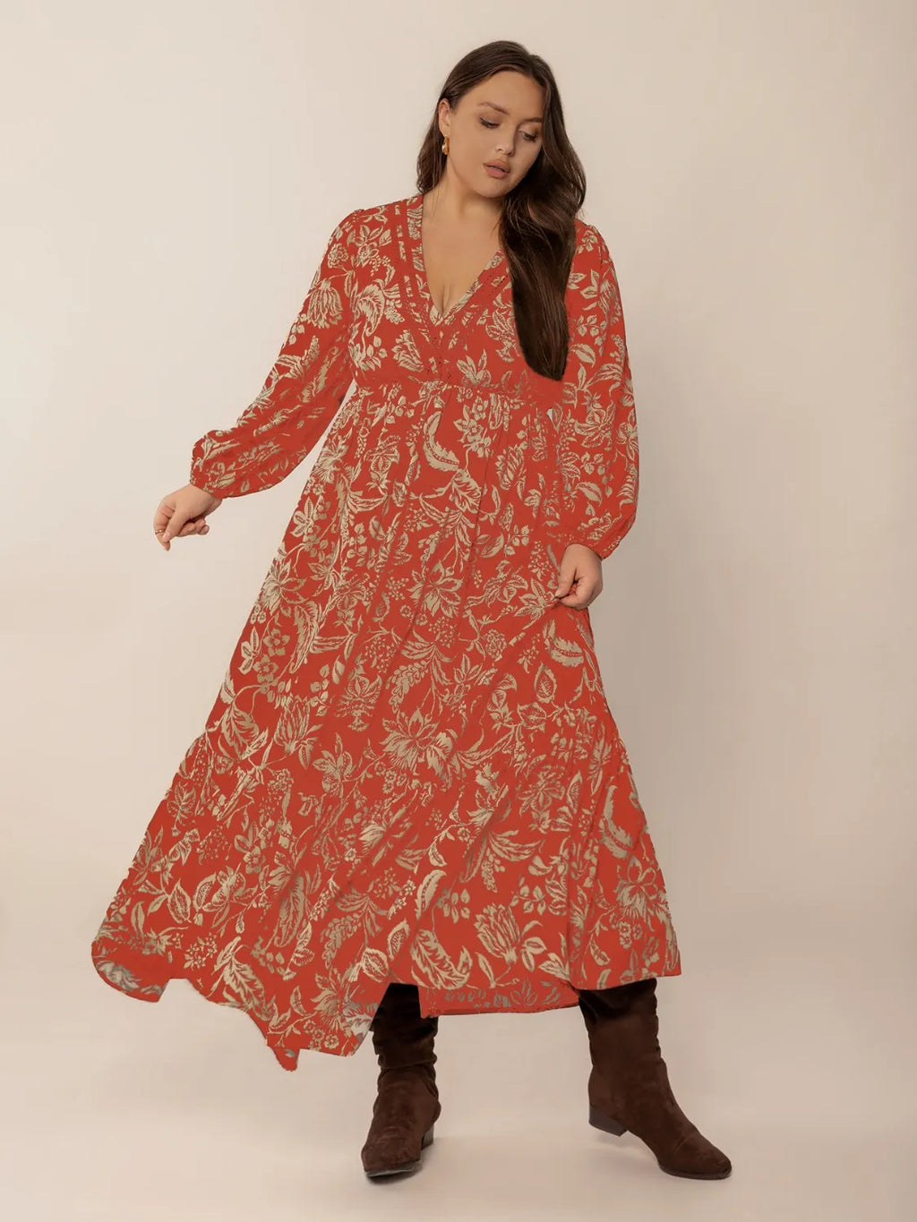 Plus Size Lace Detail Printed Balloon Sleeve Midi Dress