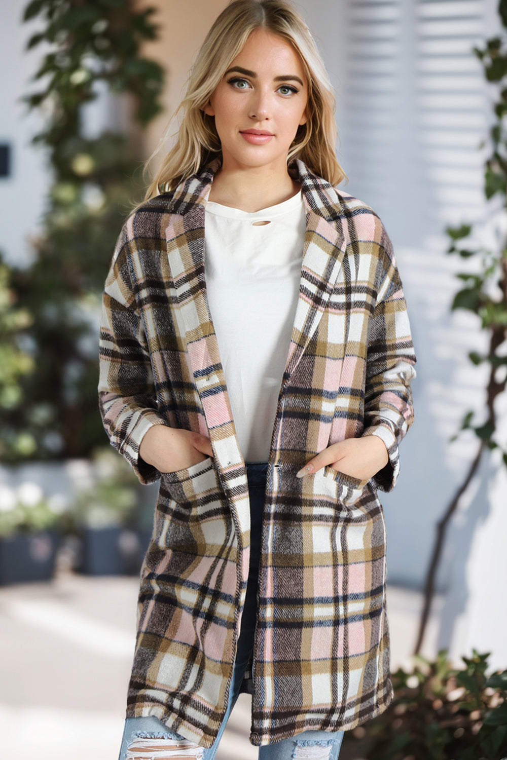 Plaid Longline Jacket with Pockets - felvior