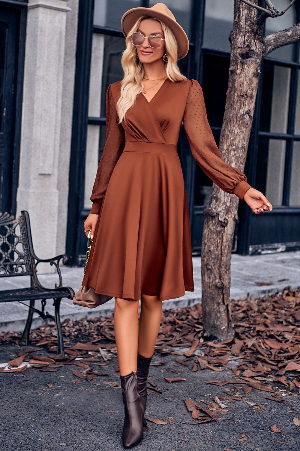 Surplice Neck Swiss Dot Long Sleeve Dress - felvior