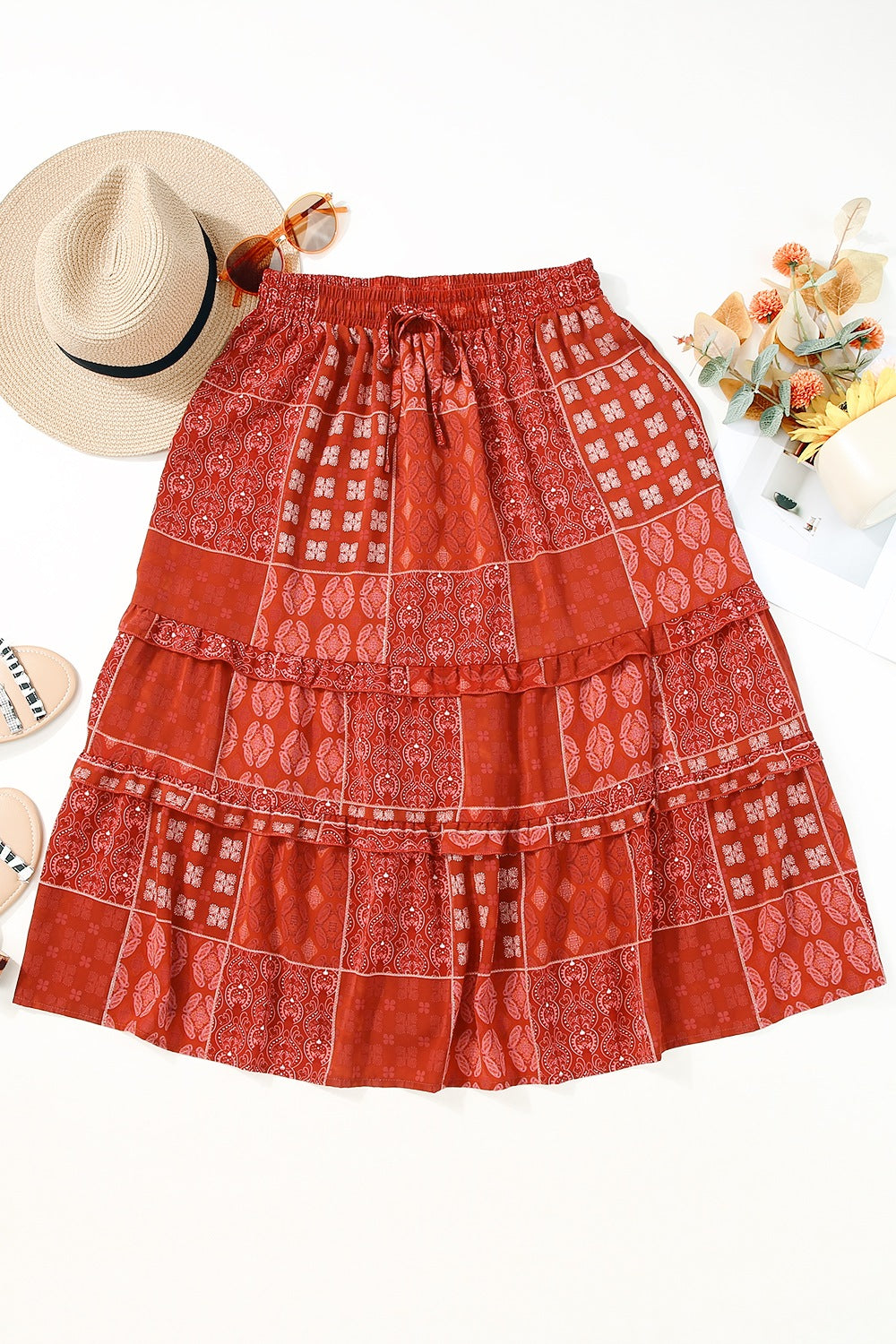 Printed Drawstring Midi Skirt