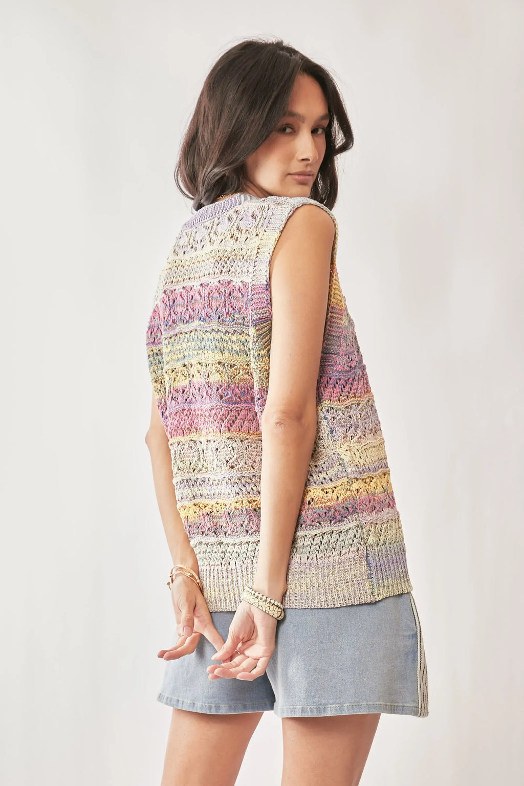 Davi & Dani Multi Color Crochet Sleeveless Knit Vest Top