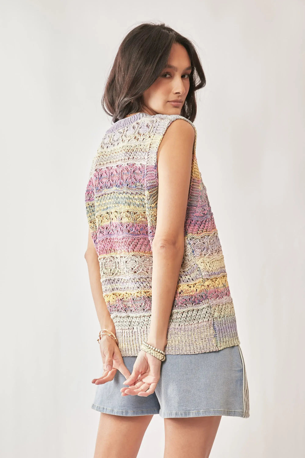 Davi & Dani Multi Color Crochet Sleeveless Knit Vest Top