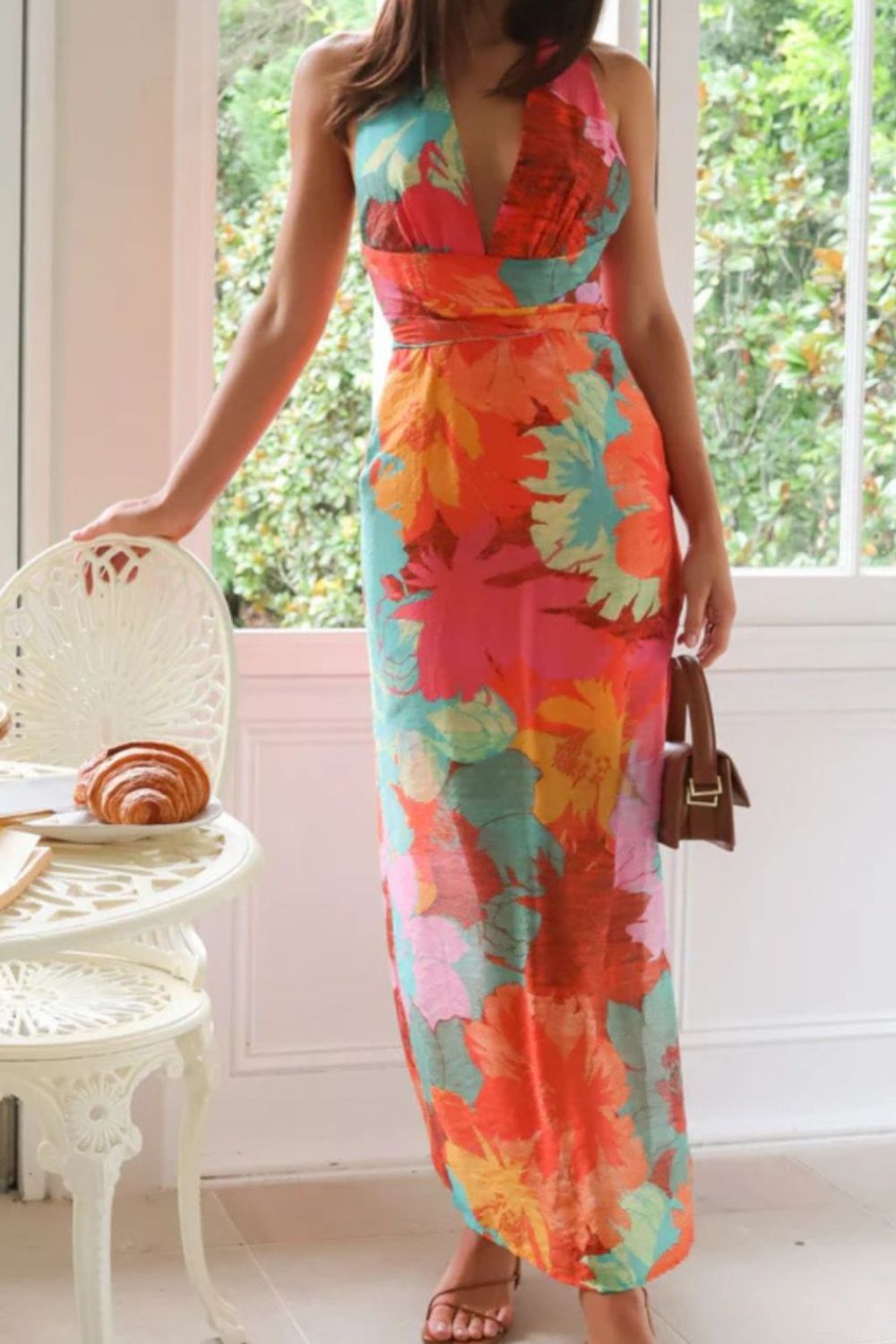 Split Crisscross Back Printed Plunge Maxi Dress - felvior
