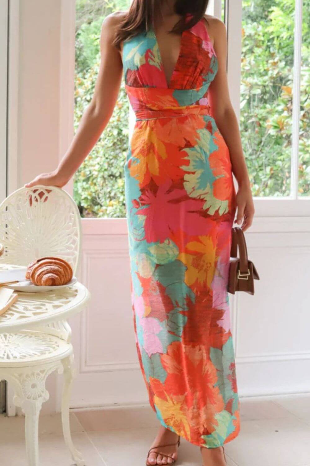 Split Crisscross Back Printed Plunge Maxi Dress