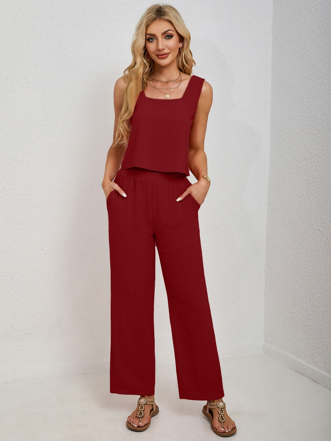 Square Neck Tank and Wide Leg Pants Set - felvior