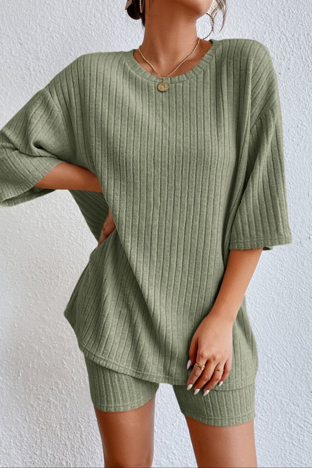 Round Neck Ribbed Top and Shorts Lounge Set - felvior