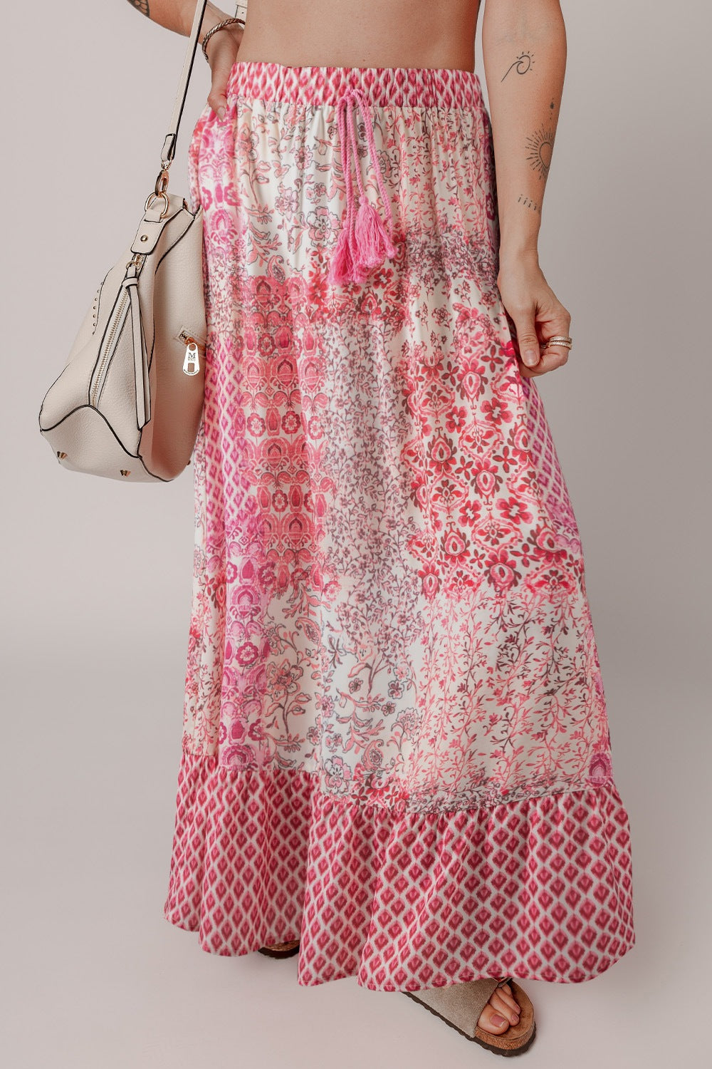 Printed Tassel Drawstring High Waist Maxi Skirt - felvior