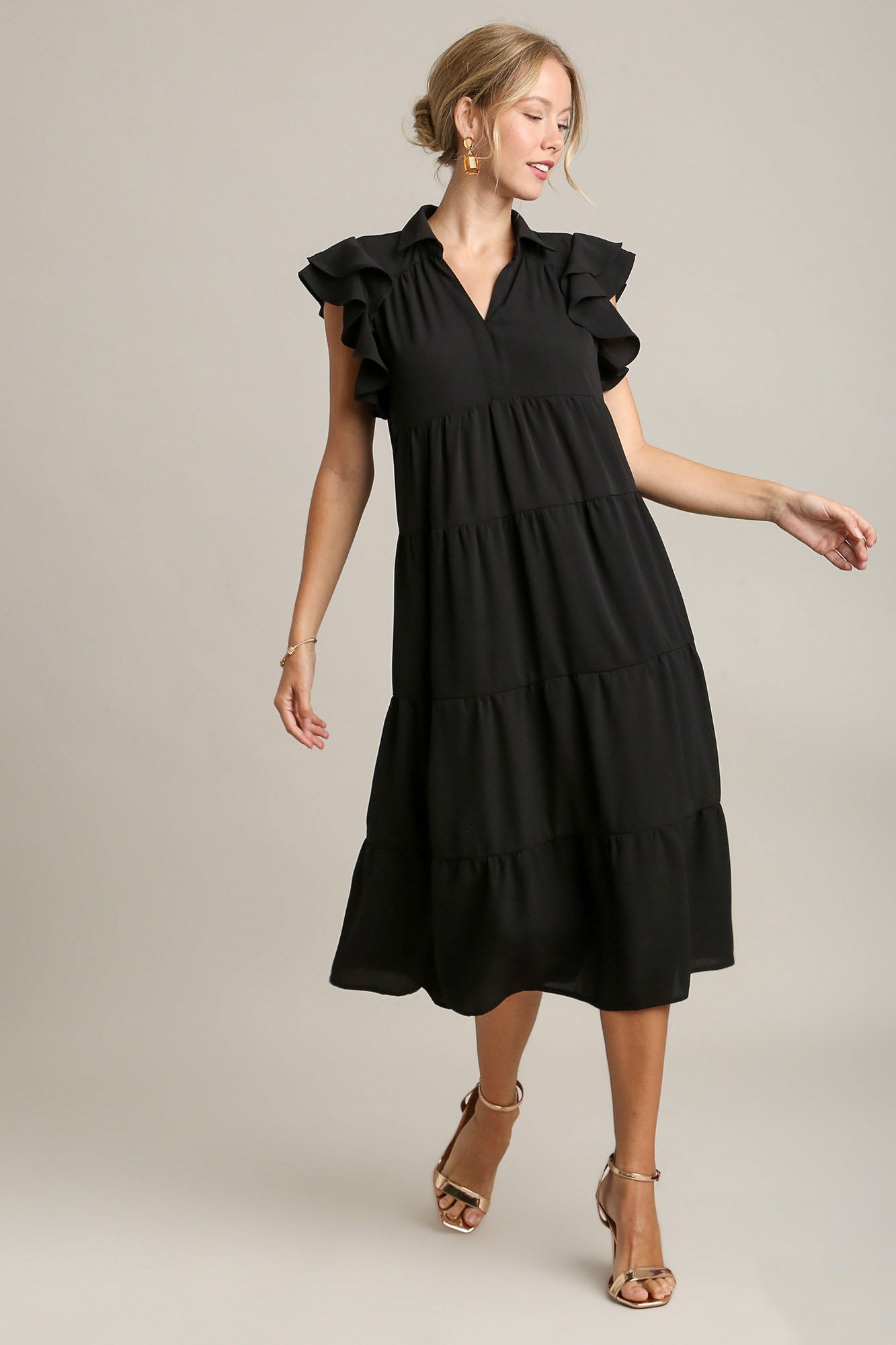 Umgee Full Size Johnny Collar Ruffle Cap Sleeve Tiered Dress Plus Size Main image