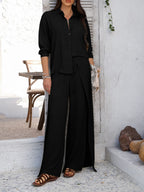 Devine Button Down Long Sleeve Top and Wide Leg Pants Set