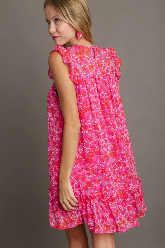 Umgee Full Size Smocked Detail Floral Metallic Ruffle Cap Sleeve Dress Plus Size - felvior