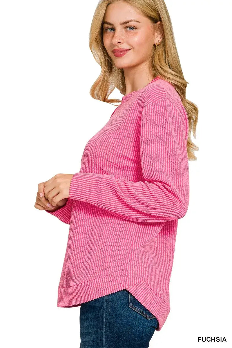Zenana Full Size Raised Rib Round Neck Long Sleeve Top Plus Size