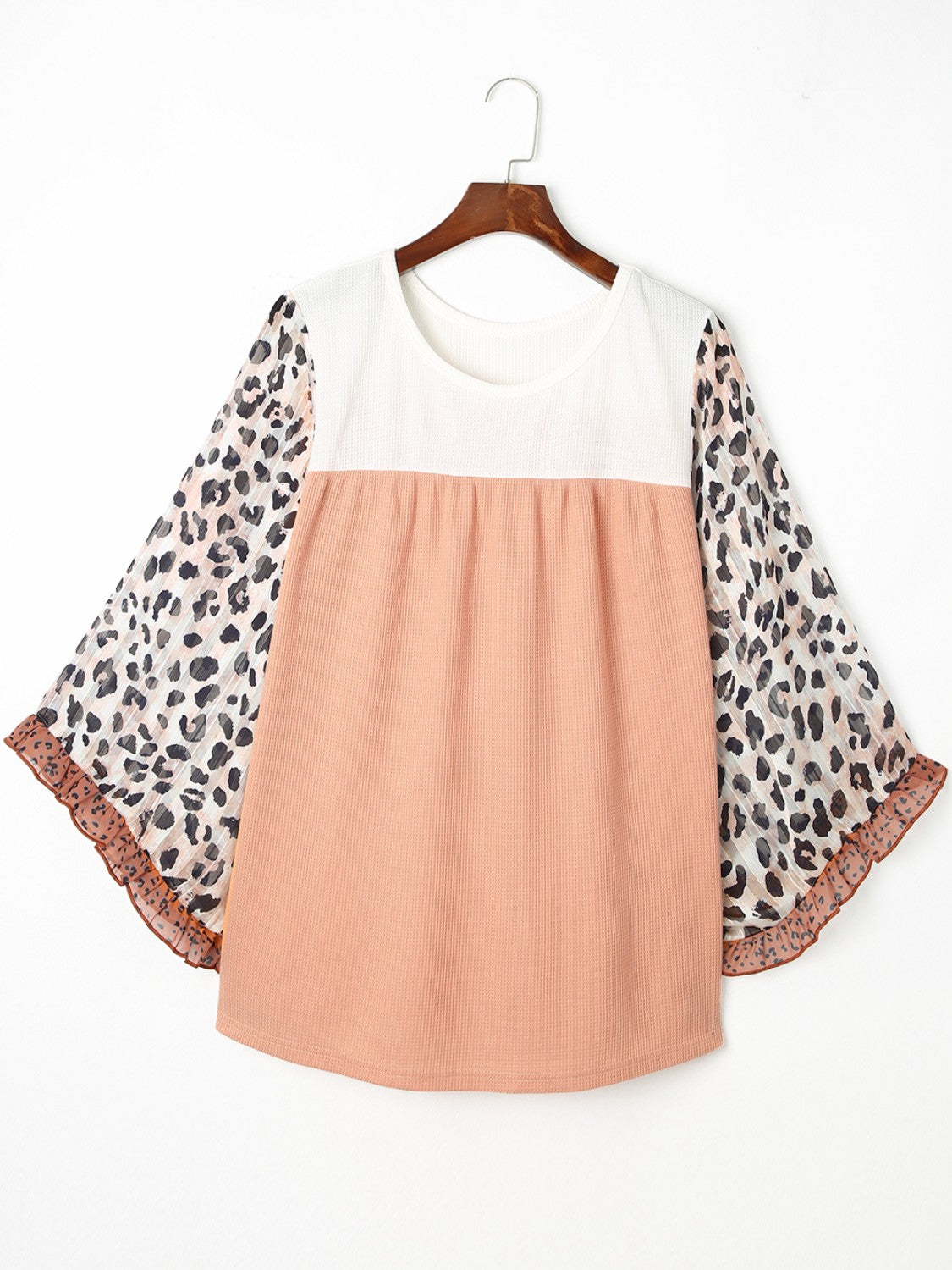 Plus Size Leopard Ruffle Trim Long Sleeve Blouse - felvior