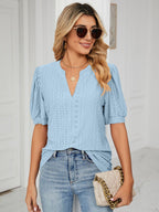 Florira Eyelet Notched Short Sleeve T-Shirt