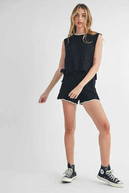 MABLE Side Tie Detail Knit Vest and Shorts Set - felvior