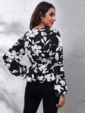 Floral V-Neck Balloon Sleeve Peplum Blouse - felvior