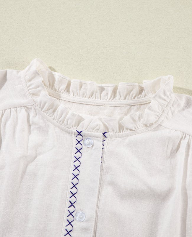 Frill Floral Embroidered Sleeve Shirt - felvior