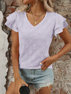 Eyelet V-Neck Ruffled Cap Sleeve Top