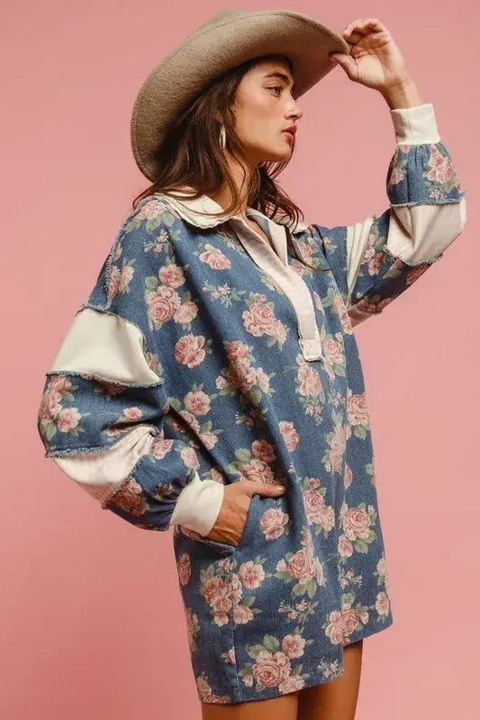 BiBi Washed Floral Denim Romper With Contrast Collar