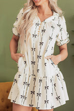 Frill Bow Print Notched Short Sleeve Mini Dress
