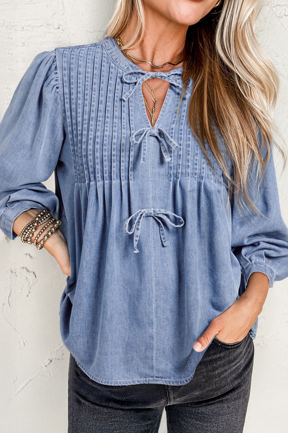 Bow Tie Long Sleeve Denim Top - felvior